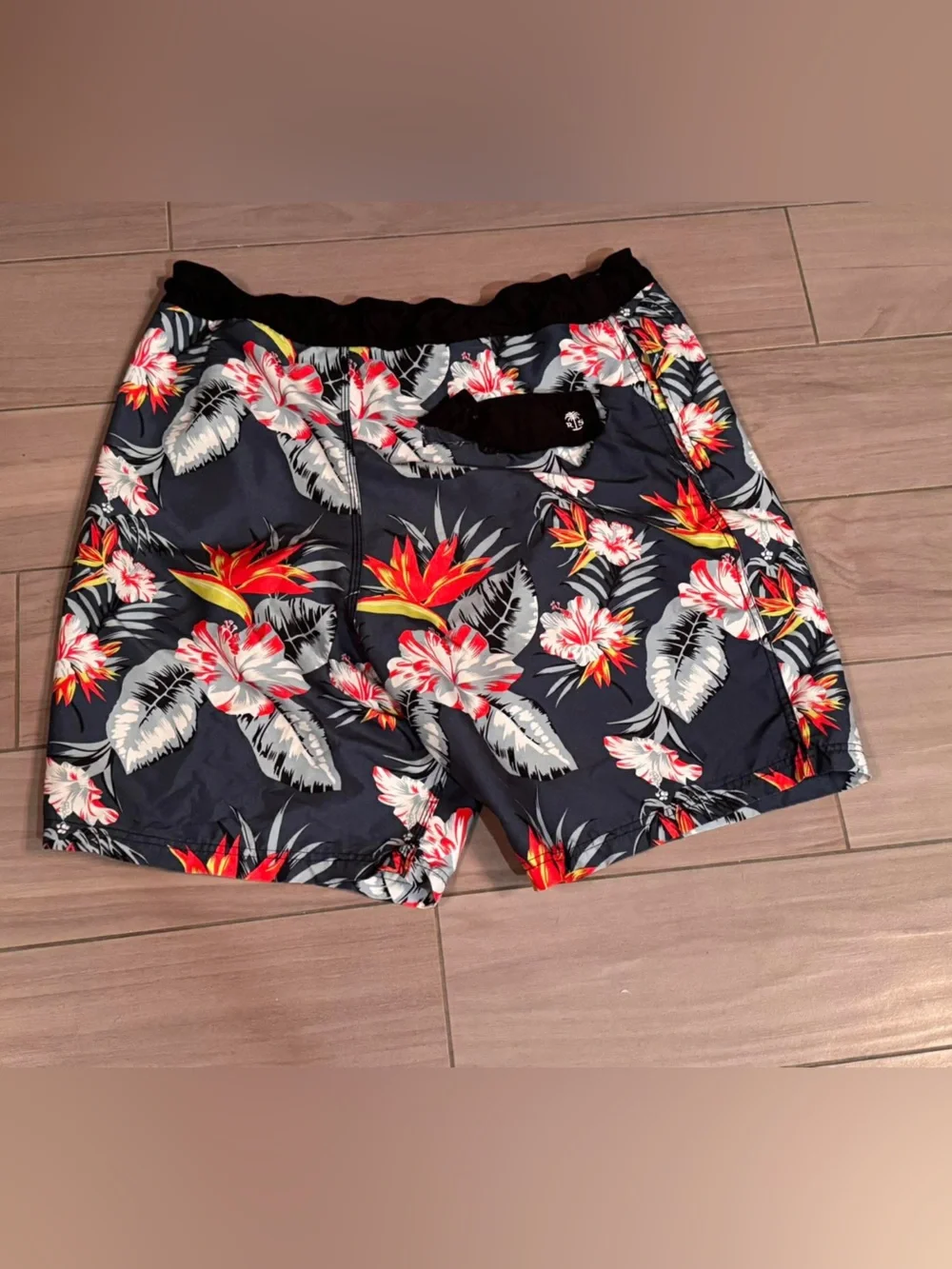 Men's Navy Floral Swim Board Shorts - Red & White Print LARGE
